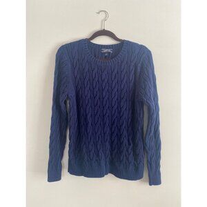 Lands End Women’s Navy Blue Cable Knit Sweater L 14-16 100% Cotton